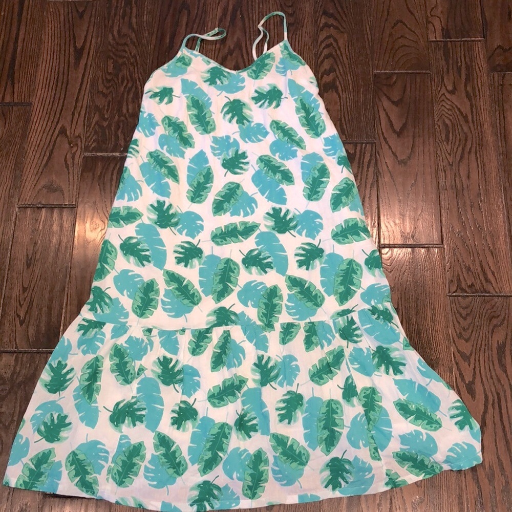J crew green and white tropical print sundress maxi size xsmall cotton fabric